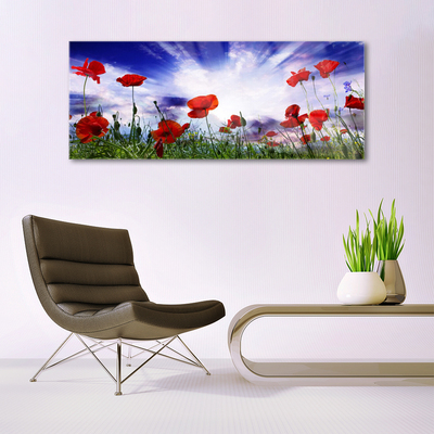 Glass Wall Art Poppies nature red green purple white