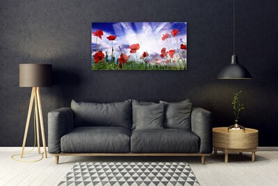 Glass Wall Art Poppies nature red green purple white