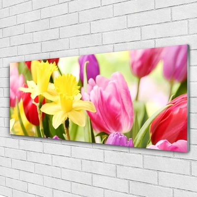 Glass Wall Art Flowers floral red yellow green