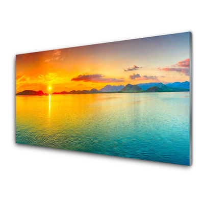 Glass Wall Art Sea sun landscape blue yellow