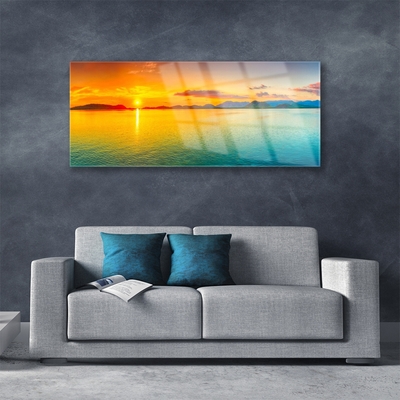 Glass Wall Art Sea sun landscape blue yellow