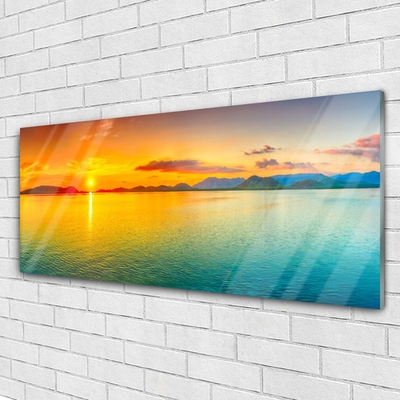 Glass Wall Art Sea sun landscape blue yellow