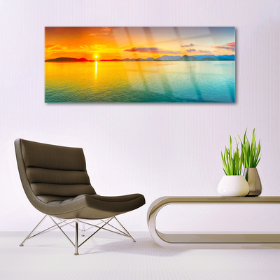 Glass Wall Art Sea sun landscape blue yellow