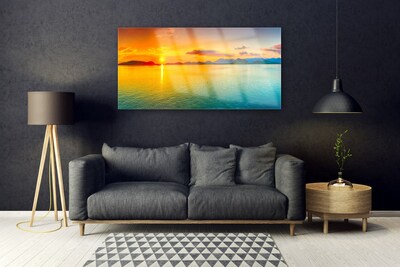 Glass Wall Art Sea sun landscape blue yellow