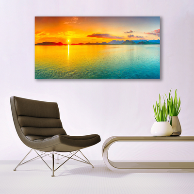 Glass Wall Art Sea sun landscape blue yellow