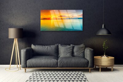 Glass Wall Art Sea sun landscape blue yellow