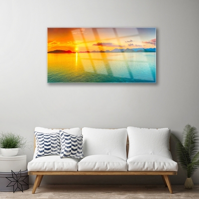 Glass Wall Art Sea sun landscape blue yellow