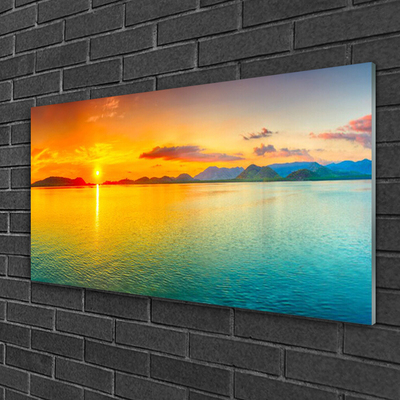 Glass Wall Art Sea sun landscape blue yellow