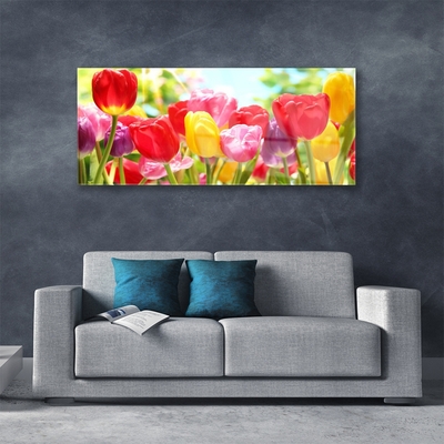 Glass Wall Art Tulips floral red yellow