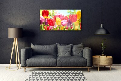 Glass Wall Art Tulips floral red yellow