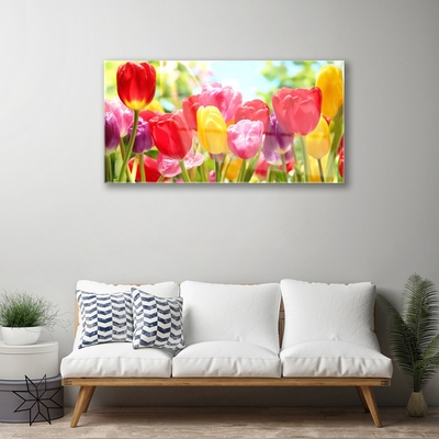 Glass Wall Art Tulips floral red yellow