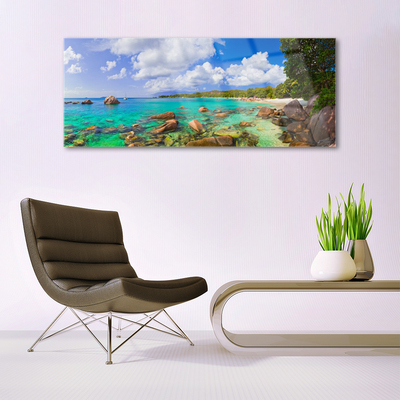 Glass Wall Art Sea stones trees landscape blue grey green brown