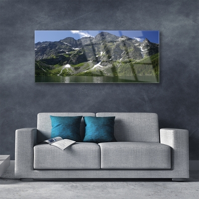 Glass Wall Art Mountains lake forest landscape green grey