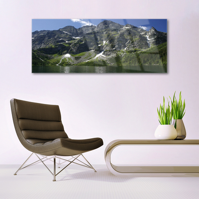 Glass Wall Art Mountains lake forest landscape green grey