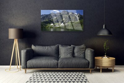 Glass Wall Art Mountains lake forest landscape green grey