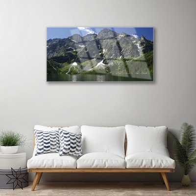 Glass Wall Art Mountains lake forest landscape green grey