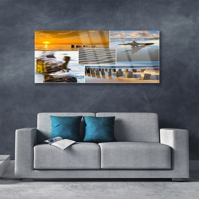 Glass Wall Art Ocean beach landscape yellow blue grey