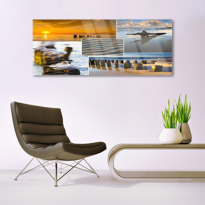 Glass Wall Art Ocean beach landscape yellow blue grey