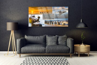 Glass Wall Art Ocean beach landscape yellow blue grey