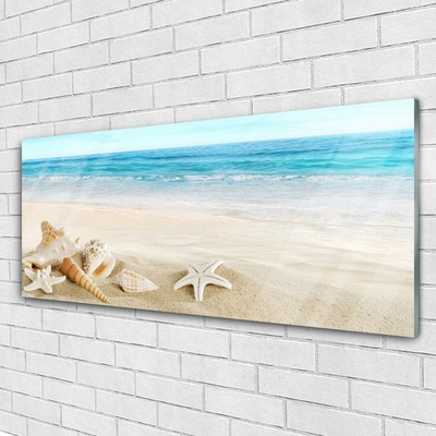 Glass Wall Art Starfish landscape blue white yellow