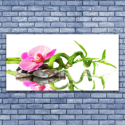 Glass Wall Art Bamboo flower stones art green pink grey