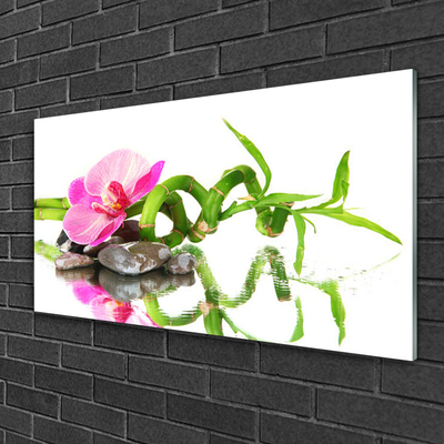 Glass Wall Art Bamboo flower stones art green pink grey