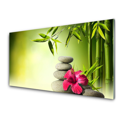 Glass Wall Art Bamboo tube flower stones floral green red grey