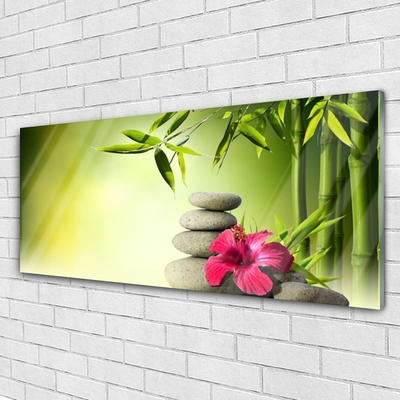 Glass Wall Art Bamboo tube flower stones floral green red grey