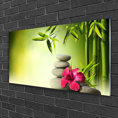 Glass Wall Art Bamboo tube flower stones floral green red grey