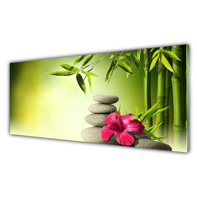 Glass Wall Art Bamboo tube flower stones floral green red grey