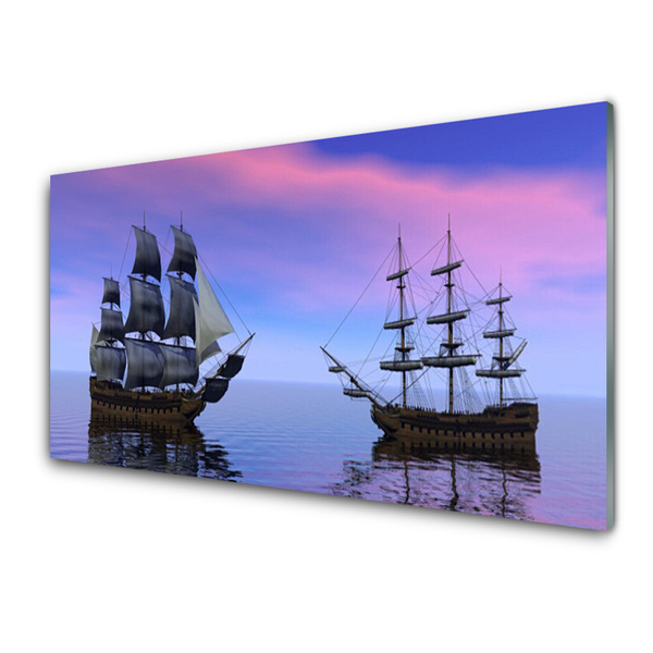 Glass Wall Art Boats sea landscape brown grey purple blue