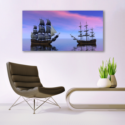 Glass Wall Art Boats sea landscape brown grey purple blue