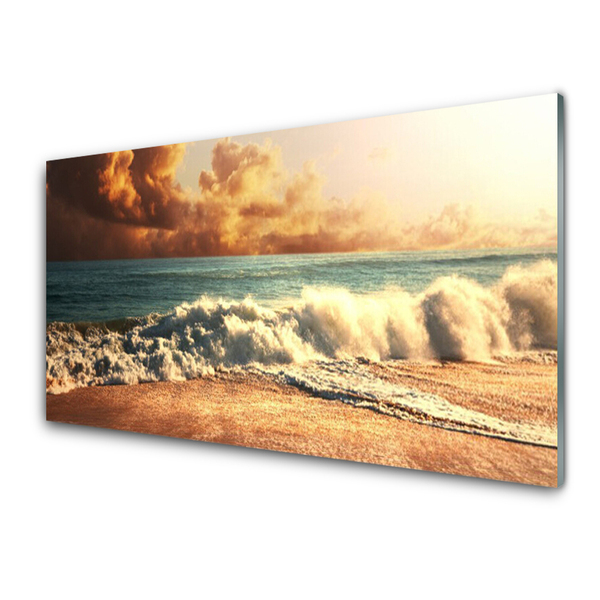 Glass Wall Art Ocean beach landscape blue white brown yellow