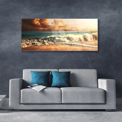 Glass Wall Art Ocean beach landscape blue white brown yellow