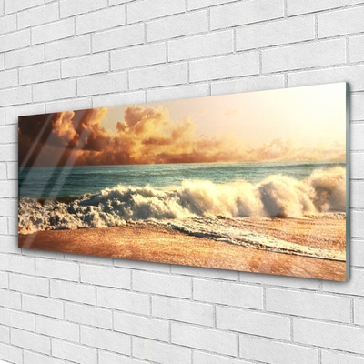 Glass Wall Art Ocean beach landscape blue white brown yellow