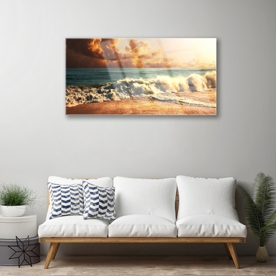 Glass Wall Art Ocean beach landscape blue white brown yellow