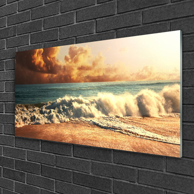 Glass Wall Art Ocean beach landscape blue white brown yellow