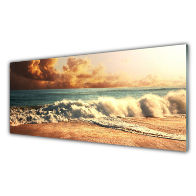 Glass Wall Art Ocean beach landscape blue white brown yellow