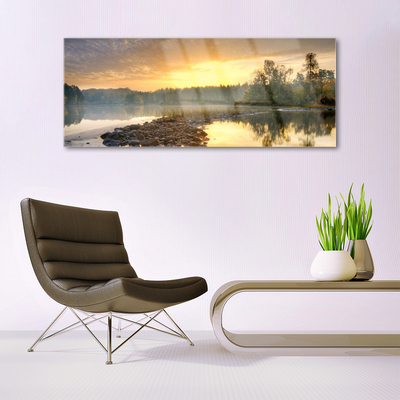 Glass Wall Art Lake stones forest landscape grey green white yellow