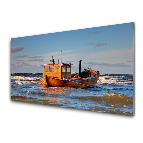 Glass Wall Art Boat sea landscape yellow green blue