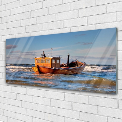 Glass Wall Art Boat sea landscape yellow green blue