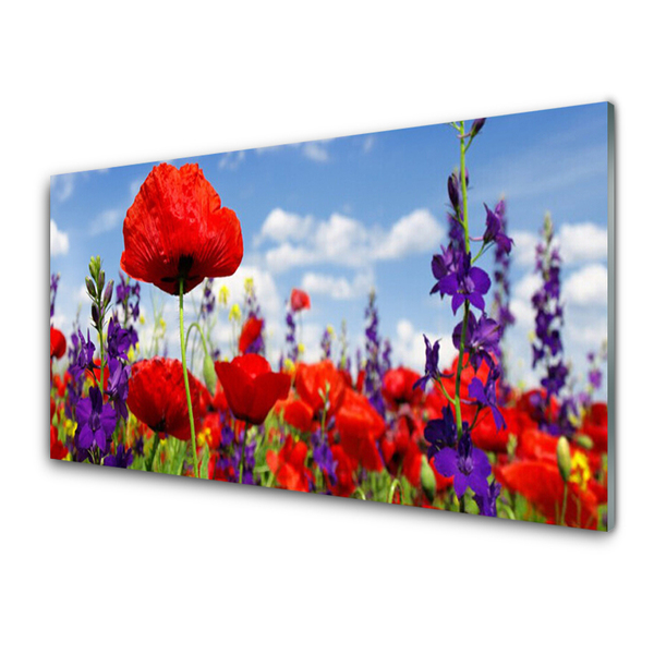 Glass Wall Art Flowers floral red purple