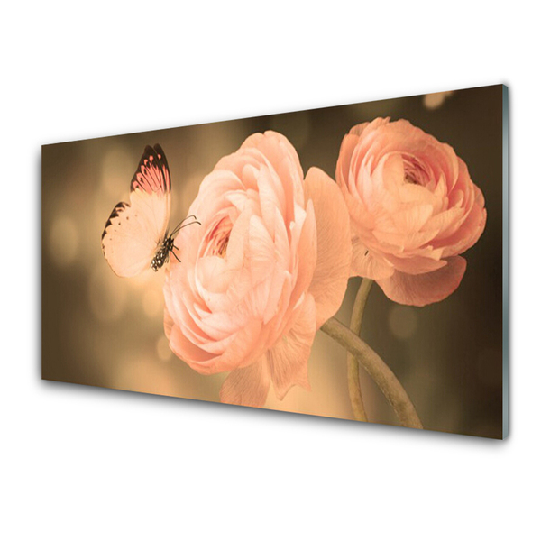 Glass Wall Art Butterfly roses nature beige