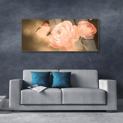 Glass Wall Art Butterfly roses nature beige