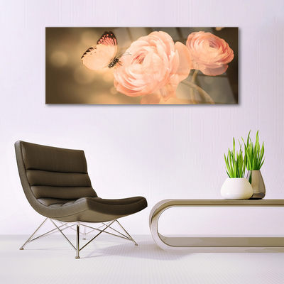Glass Wall Art Butterfly roses nature beige