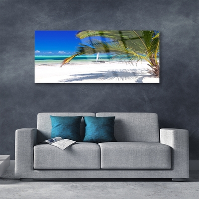 Glass Wall Art Beach palm landscape white brown green