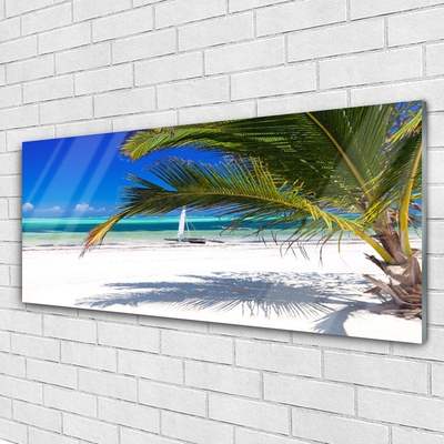 Glass Wall Art Beach palm landscape white brown green