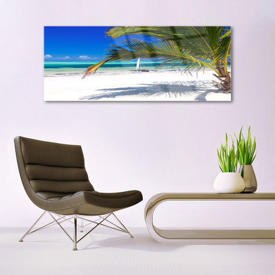 Glass Wall Art Beach palm landscape white brown green