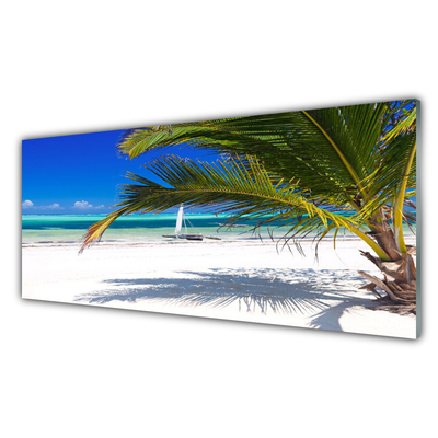 Glass Wall Art Beach palm landscape white brown green