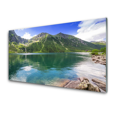 Glass Wall Art Mountain lake landscape grey green blue